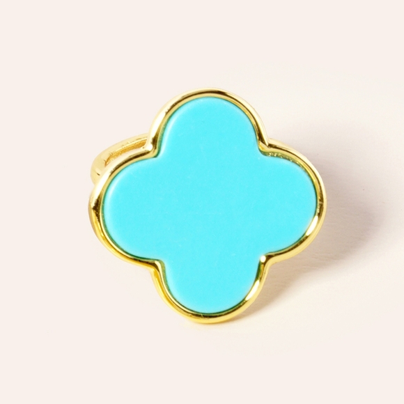 Turquoise Blue Gold Dipped 14k Clover Ring Quatrefoil Finger Statement Accessory - Picture 1 of 4
